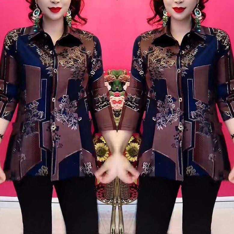 Női virágmintás poliészter felső, hosszú ujjú, polo gallér, lazán szabott, kardigán-stílusú top (2024 tavasz)