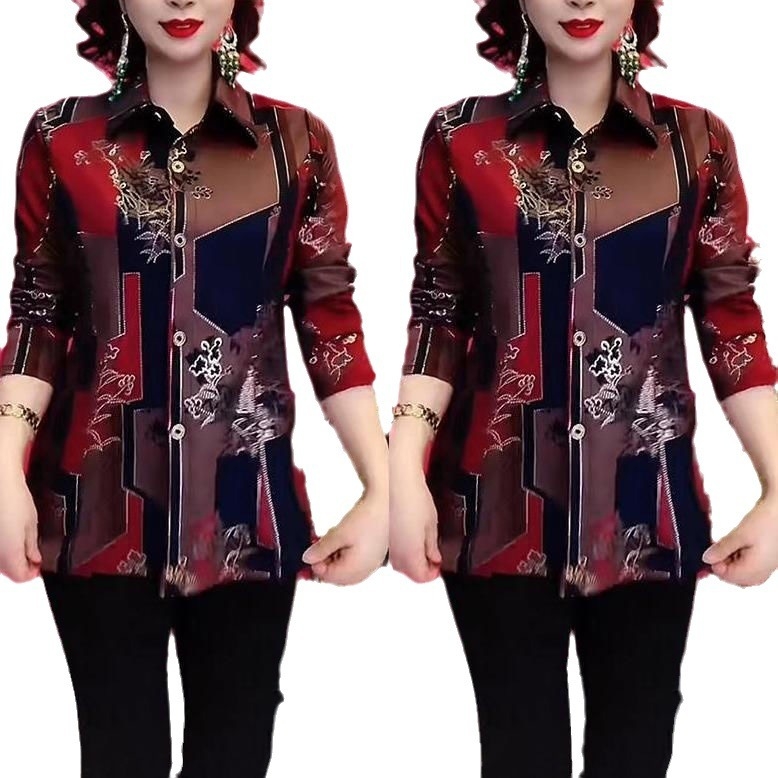 Női virágmintás poliészter felső, hosszú ujjú, polo gallér, lazán szabott, kardigán-stílusú top (2024 tavasz)