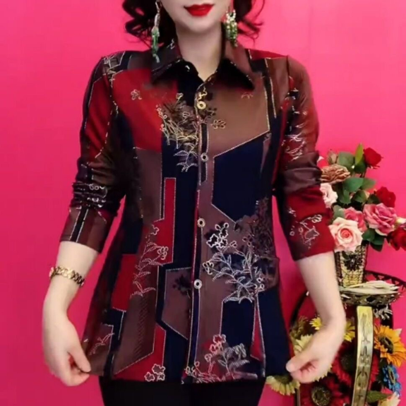 Női virágmintás poliészter felső, hosszú ujjú, polo gallér, lazán szabott, kardigán-stílusú top (2024 tavasz)