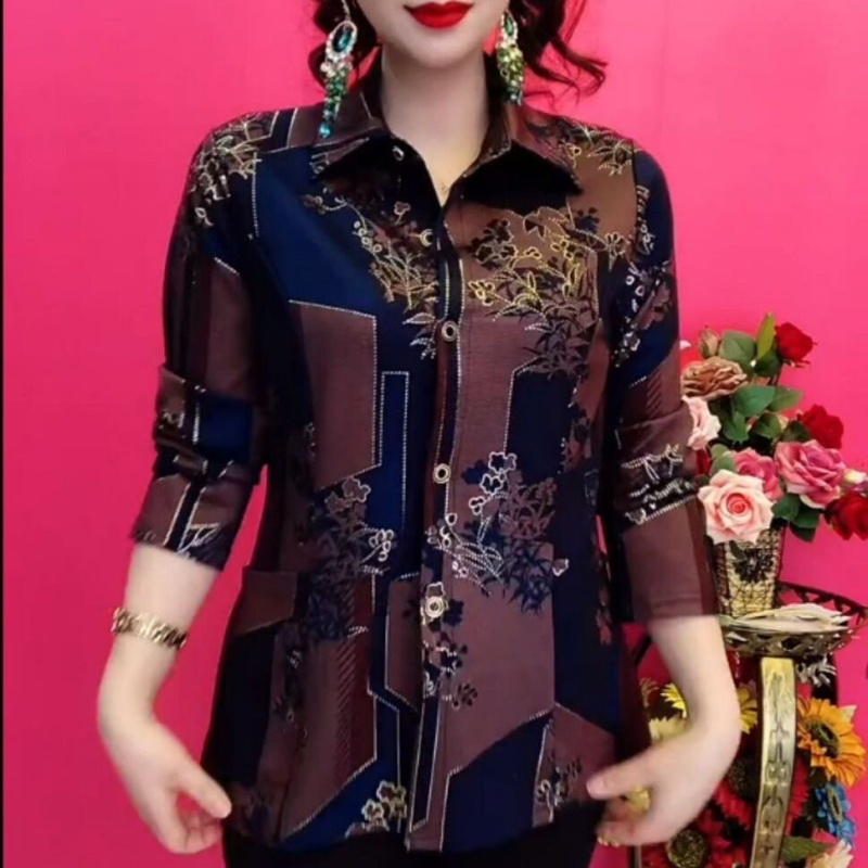 Női virágmintás poliészter felső, hosszú ujjú, polo gallér, lazán szabott, kardigán-stílusú top (2024 tavasz)