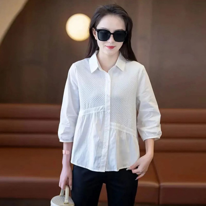 Γυναικείο πουκάμισο με πέτο-γιακά, πολυεστέρας, μανίκια 3/4, κουμπωτή μπροστινή λωρίδα, χωρίς σιδέρωμα