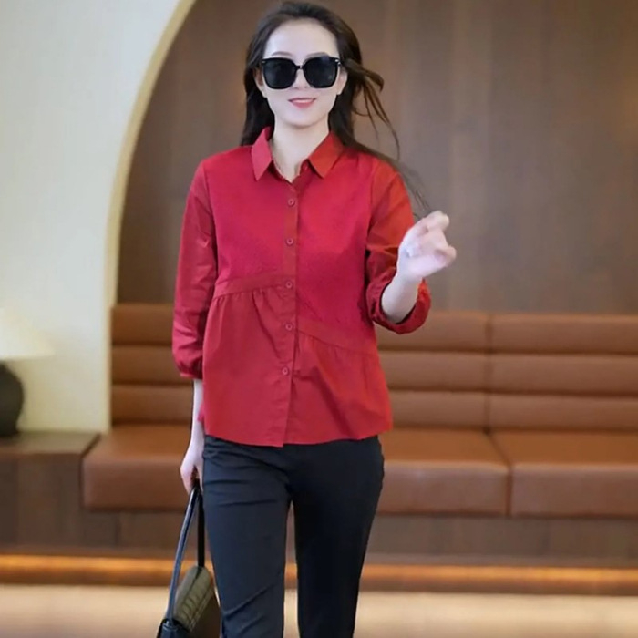 Γυναικείο πουκάμισο με πέτο-γιακά, πολυεστέρας, μανίκια 3/4, κουμπωτή μπροστινή λωρίδα, χωρίς σιδέρωμα