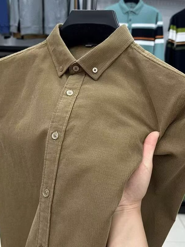 Muška corduroy košulja s dugim rukavima, jednofarban stil, izšivani detalji, lagani slojeviti komad