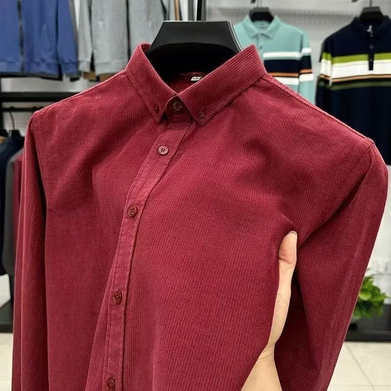 Muška corduroy košulja s dugim rukavima, jednofarban stil, izšivani detalji, lagani slojeviti komad