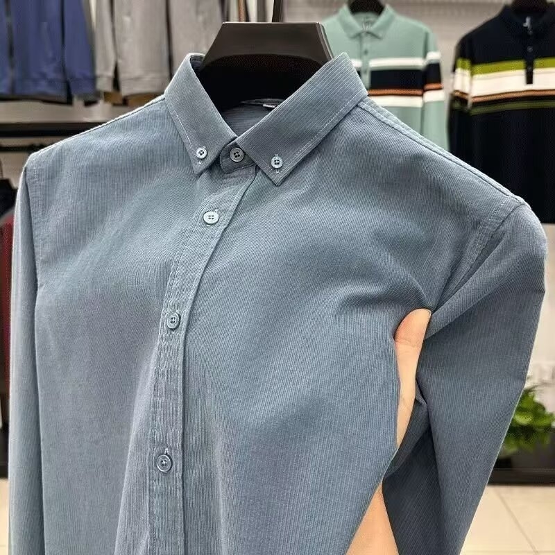 Muška corduroy košulja s dugim rukavima, jednofarban stil, izšivani detalji, lagani slojeviti komad