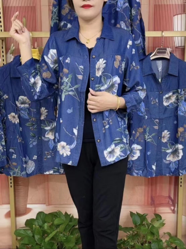 Ženska bluza s printom Ice Silk denima, V-izrez, kardigan stil, uzak kroj, za sredovječnu majku, 2023 proljeće–jesen