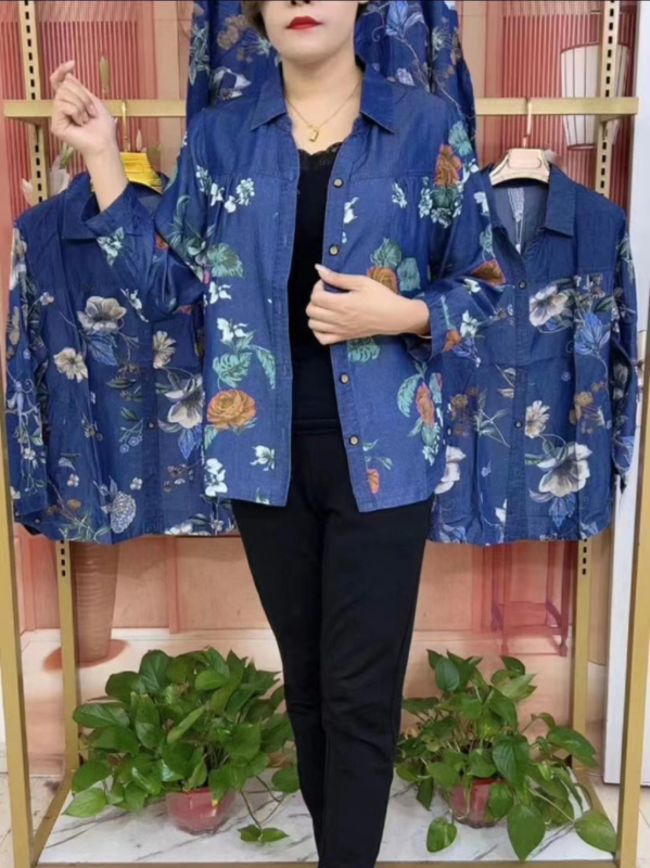 Ženska bluza s printom Ice Silk denima, V-izrez, kardigan stil, uzak kroj, za sredovječnu majku, 2023 proljeće–jesen