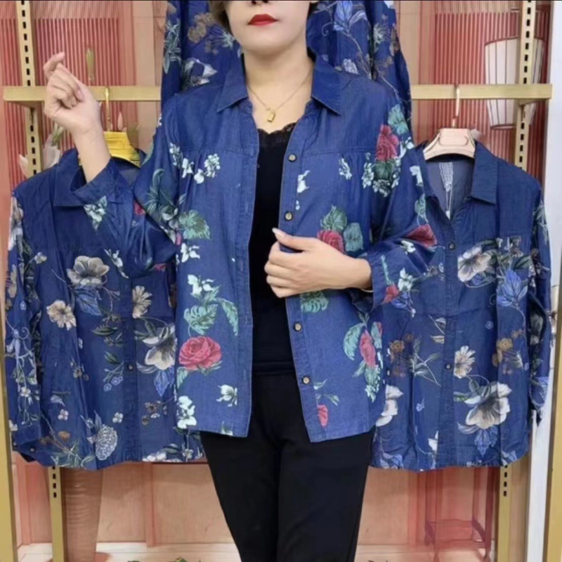 Ženska bluza s printom Ice Silk denima, V-izrez, kardigan stil, uzak kroj, za sredovječnu majku, 2023 proljeće–jesen