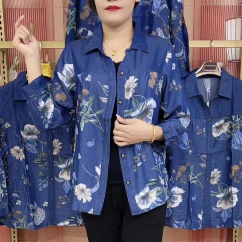 Ženska bluza s printom Ice Silk denima, V-izrez, kardigan stil, uzak kroj, za sredovječnu majku, 2023 proljeće–jesen