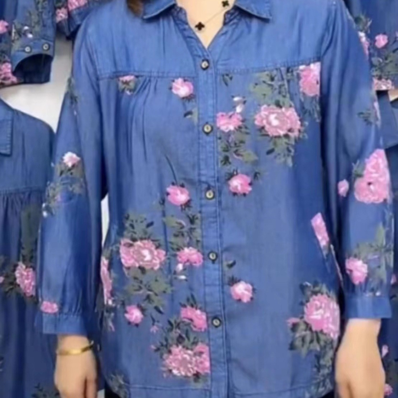 Ženska bluza s printom Ice Silk denima, V-izrez, kardigan stil, uzak kroj, za sredovječnu majku, 2023 proljeće–jesen