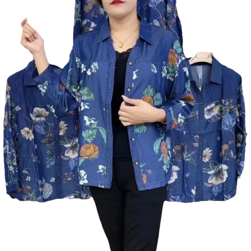 Ženska bluza s printom Ice Silk denima, V-izrez, kardigan stil, uzak kroj, za sredovječnu majku, 2023 proljeće–jesen