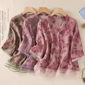 Χαλαστή μπλούζα με εκτύπωση για γυναίκες μέσης ηλικίας και άνω, πολυεστέρας, V-λαιμός, 3/4 μανίκια, καλοκαιρινό μοντέλο 2025