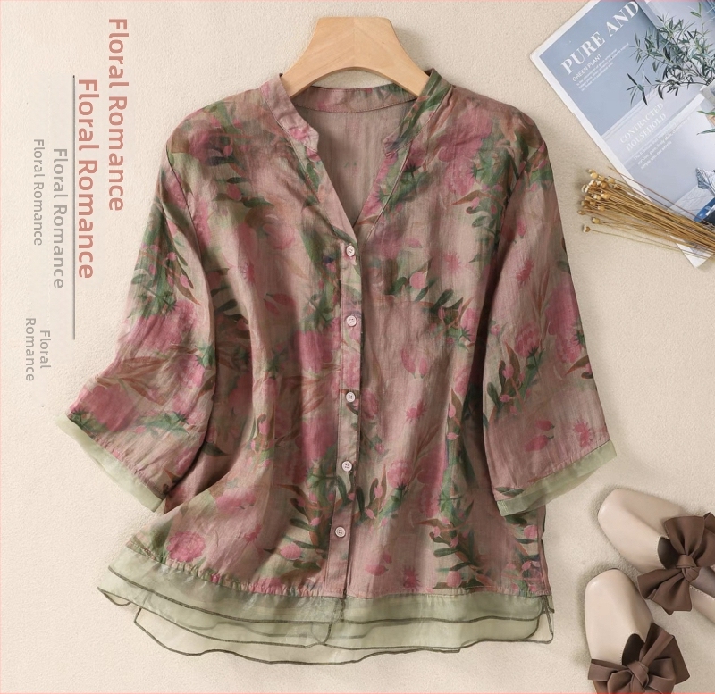 Χαλαστή μπλούζα με εκτύπωση για γυναίκες μέσης ηλικίας και άνω, πολυεστέρας, V-λαιμός, 3/4 μανίκια, καλοκαιρινό μοντέλο 2025