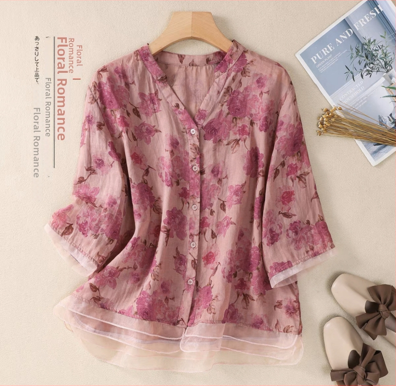 Χαλαστή μπλούζα με εκτύπωση για γυναίκες μέσης ηλικίας και άνω, πολυεστέρας, V-λαιμός, 3/4 μανίκια, καλοκαιρινό μοντέλο 2025