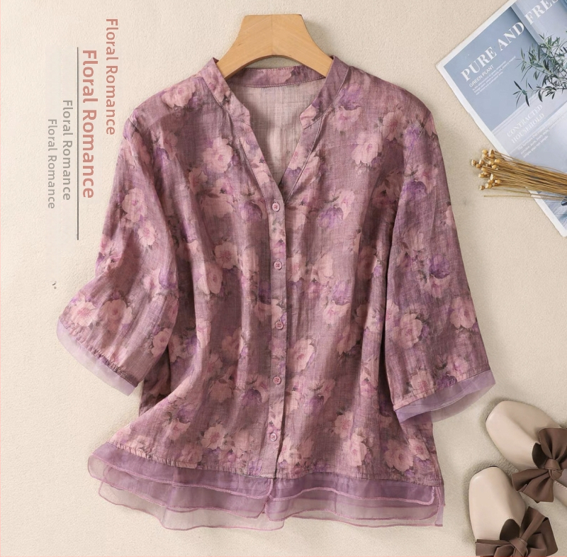 Χαλαστή μπλούζα με εκτύπωση για γυναίκες μέσης ηλικίας και άνω, πολυεστέρας, V-λαιμός, 3/4 μανίκια, καλοκαιρινό μοντέλο 2025