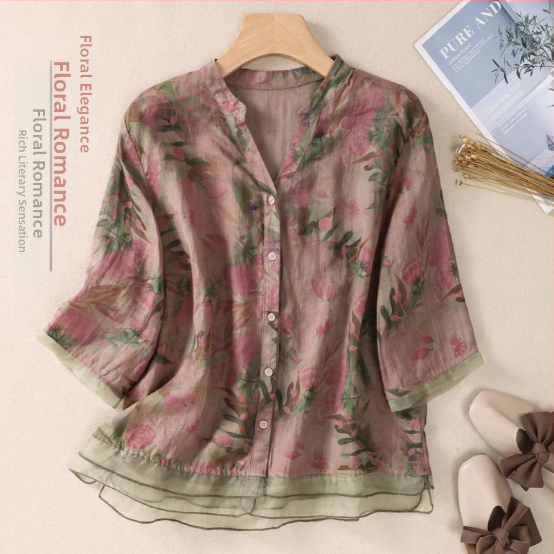 Χαλαστή μπλούζα με εκτύπωση για γυναίκες μέσης ηλικίας και άνω, πολυεστέρας, V-λαιμός, 3/4 μανίκια, καλοκαιρινό μοντέλο 2025