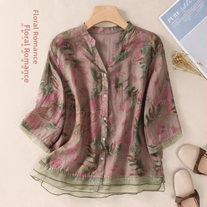 Χαλαστή μπλούζα με εκτύπωση για γυναίκες μέσης ηλικίας και άνω, πολυεστέρας, V-λαιμός, 3/4 μανίκια, καλοκαιρινό μοντέλο 2025