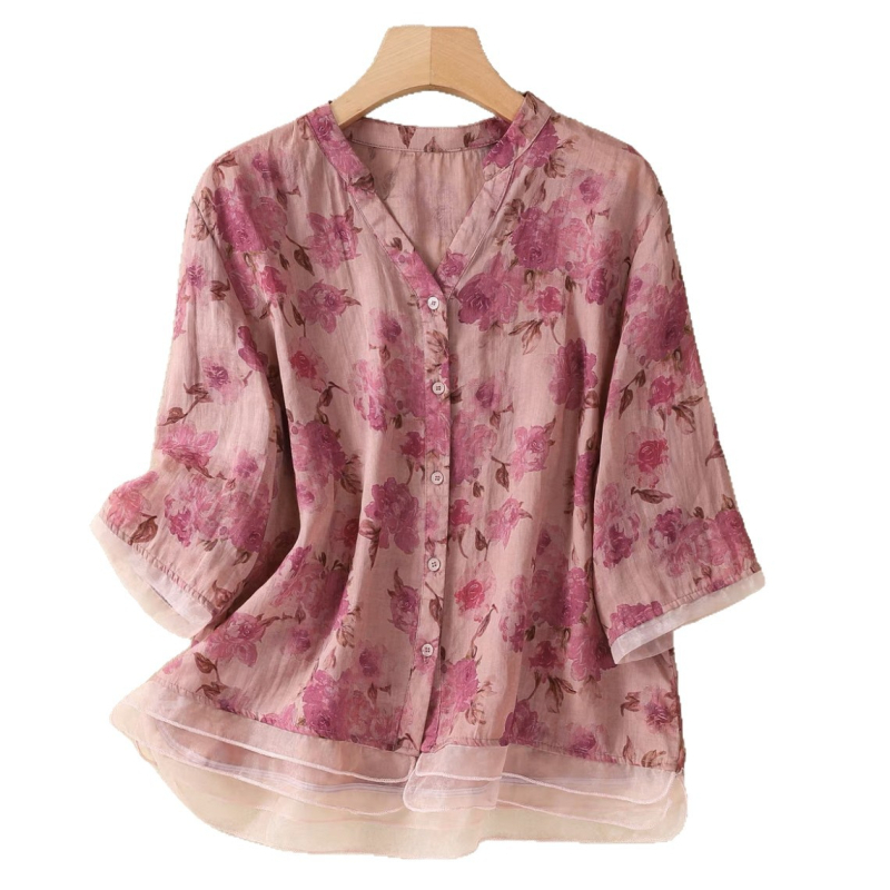 Χαλαστή μπλούζα με εκτύπωση για γυναίκες μέσης ηλικίας και άνω, πολυεστέρας, V-λαιμός, 3/4 μανίκια, καλοκαιρινό μοντέλο 2025