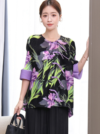 Set bluza i kardigana s floralnim uzorkom, poliester, 3/4 rukavi, okrugli izrez, slobodan kroj, duljina bluze 40–50 cm, proljeće 2025