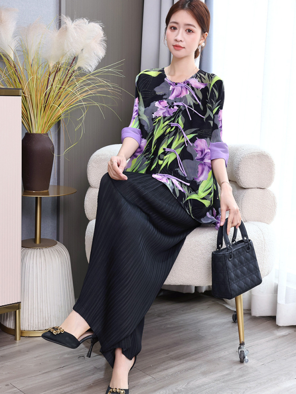 Set bluza i kardigana s floralnim uzorkom, poliester, 3/4 rukavi, okrugli izrez, slobodan kroj, duljina bluze 40–50 cm, proljeće 2025