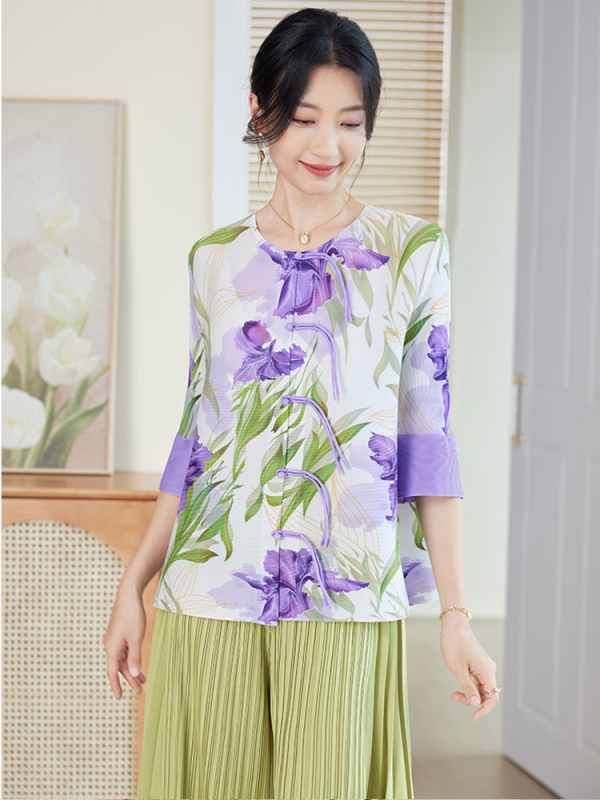 Set bluza i kardigana s floralnim uzorkom, poliester, 3/4 rukavi, okrugli izrez, slobodan kroj, duljina bluze 40–50 cm, proljeće 2025