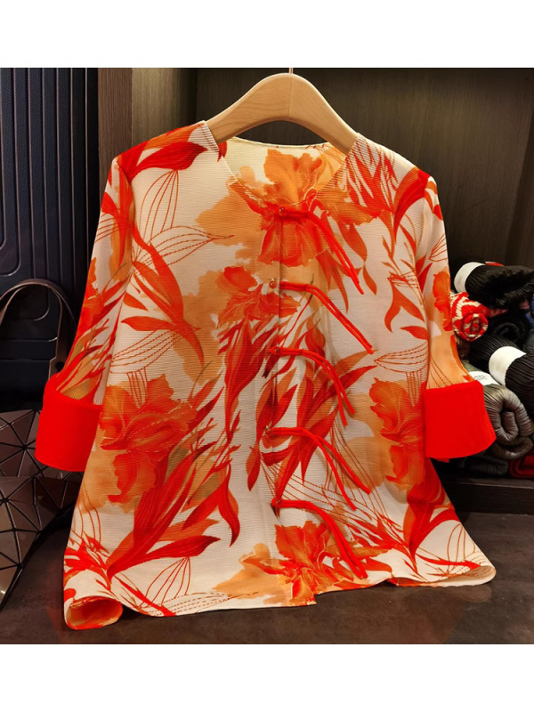 Set bluza i kardigana s floralnim uzorkom, poliester, 3/4 rukavi, okrugli izrez, slobodan kroj, duljina bluze 40–50 cm, proljeće 2025