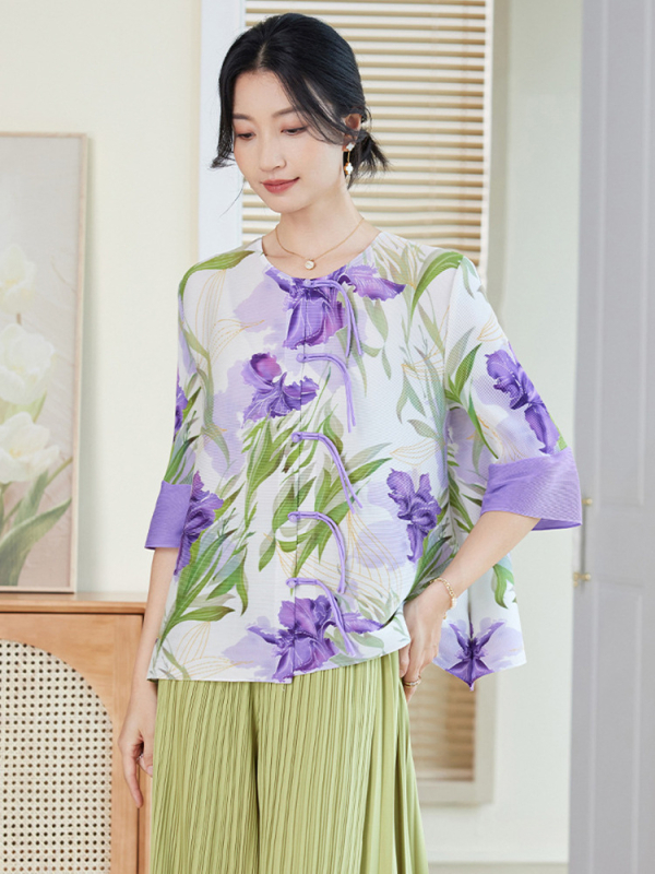 Set bluza i kardigana s floralnim uzorkom, poliester, 3/4 rukavi, okrugli izrez, slobodan kroj, duljina bluze 40–50 cm, proljeće 2025