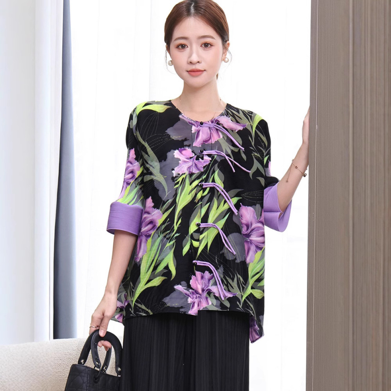 Set bluza i kardigana s floralnim uzorkom, poliester, 3/4 rukavi, okrugli izrez, slobodan kroj, duljina bluze 40–50 cm, proljeće 2025