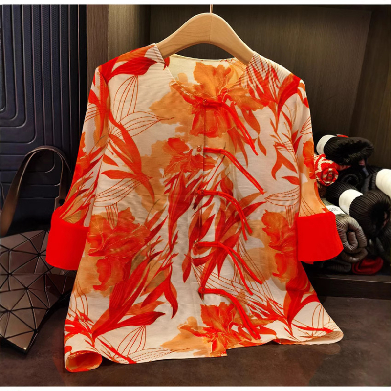Set bluza i kardigana s floralnim uzorkom, poliester, 3/4 rukavi, okrugli izrez, slobodan kroj, duljina bluze 40–50 cm, proljeće 2025