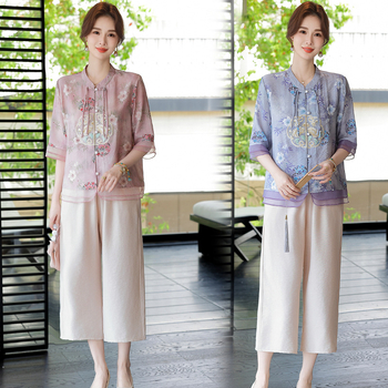 Ženski floralni set s kardigan topom i cropped hlačama — poliester, ljetni ležerni kostim (3/4 rukavi)