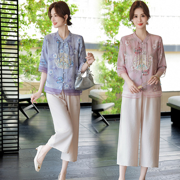 Ženski floralni set s kardigan topom i cropped hlačama — poliester, ljetni ležerni kostim (3/4 rukavi)