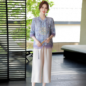 Ženski floralni set s kardigan topom i cropped hlačama — poliester, ljetni ležerni kostim (3/4 rukavi)