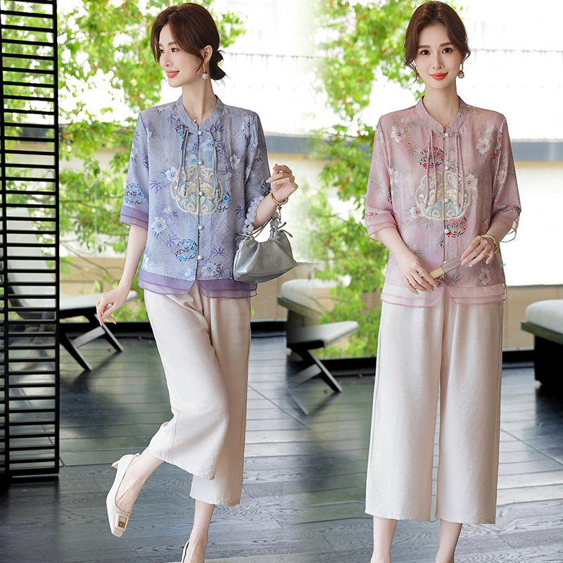 Ženski floralni set s kardigan topom i cropped hlačama — poliester, ljetni ležerni kostim (3/4 rukavi)