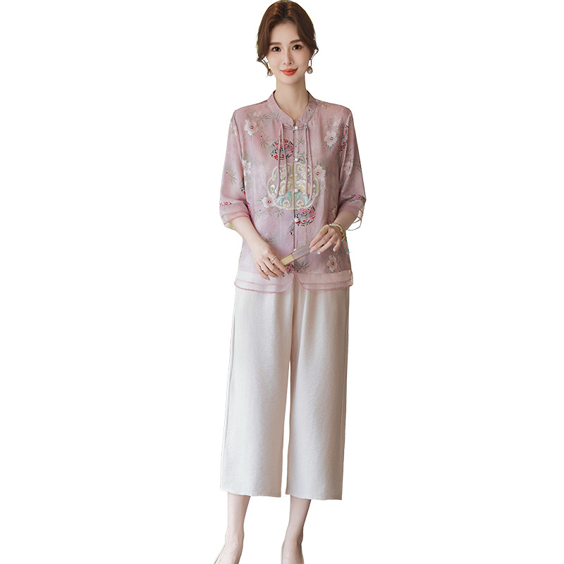 Ženski floralni set s kardigan topom i cropped hlačama — poliester, ljetni ležerni kostim (3/4 rukavi)