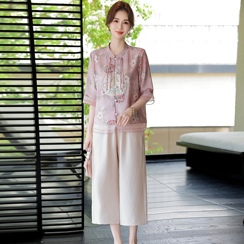 Ženski floralni set s kardigan topom i cropped hlačama — poliester, ljetni ležerni kostim (3/4 rukavi)