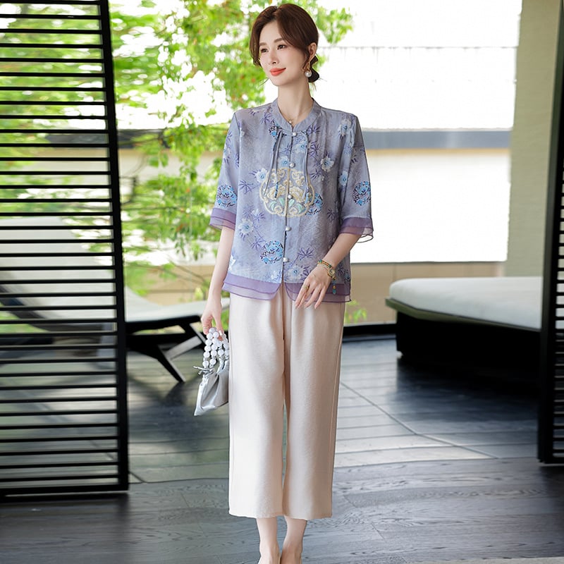 Ženski floralni set s kardigan topom i cropped hlačama — poliester, ljetni ležerni kostim (3/4 rukavi)