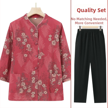 Időseknek szánt háromnegyed ujjú ing készlet, álló gallérral, kínai stílus, irodalmi retro anyagkeverék (PVC ≤30%, más anyag 50–70%)