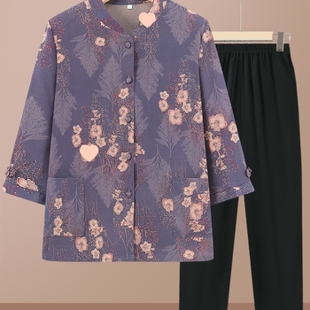 Időseknek szánt háromnegyed ujjú ing készlet, álló gallérral, kínai stílus, irodalmi retro anyagkeverék (PVC ≤30%, más anyag 50–70%)