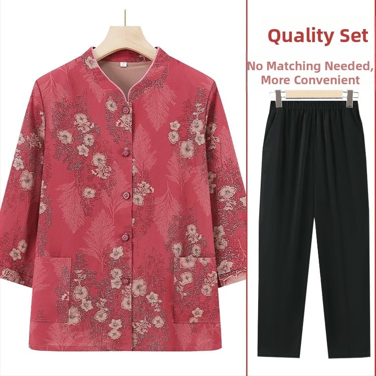 Időseknek szánt háromnegyed ujjú ing készlet, álló gallérral, kínai stílus, irodalmi retro anyagkeverék (PVC ≤30%, más anyag 50–70%)