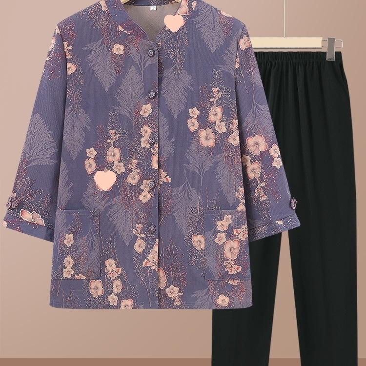 Időseknek szánt háromnegyed ujjú ing készlet, álló gallérral, kínai stílus, irodalmi retro anyagkeverék (PVC ≤30%, más anyag 50–70%)