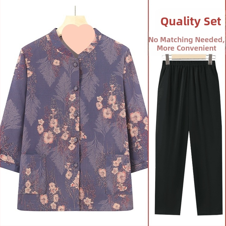 Időseknek szánt háromnegyed ujjú ing készlet, álló gallérral, kínai stílus, irodalmi retro anyagkeverék (PVC ≤30%, más anyag 50–70%)