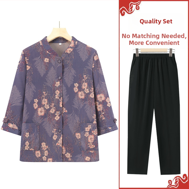 Időseknek szánt háromnegyed ujjú ing készlet, álló gallérral, kínai stílus, irodalmi retro anyagkeverék (PVC ≤30%, más anyag 50–70%)