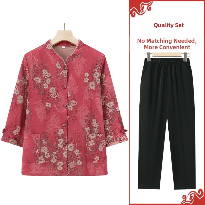 Időseknek szánt háromnegyed ujjú ing készlet, álló gallérral, kínai stílus, irodalmi retro anyagkeverék (PVC ≤30%, más anyag 50–70%)