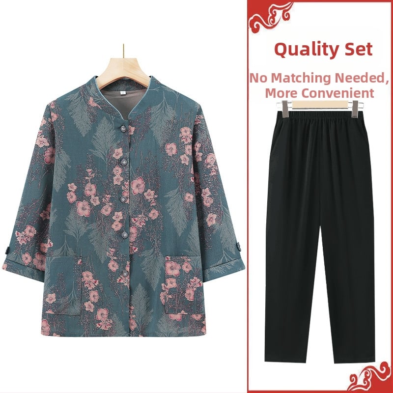 Időseknek szánt háromnegyed ujjú ing készlet, álló gallérral, kínai stílus, irodalmi retro anyagkeverék (PVC ≤30%, más anyag 50–70%)