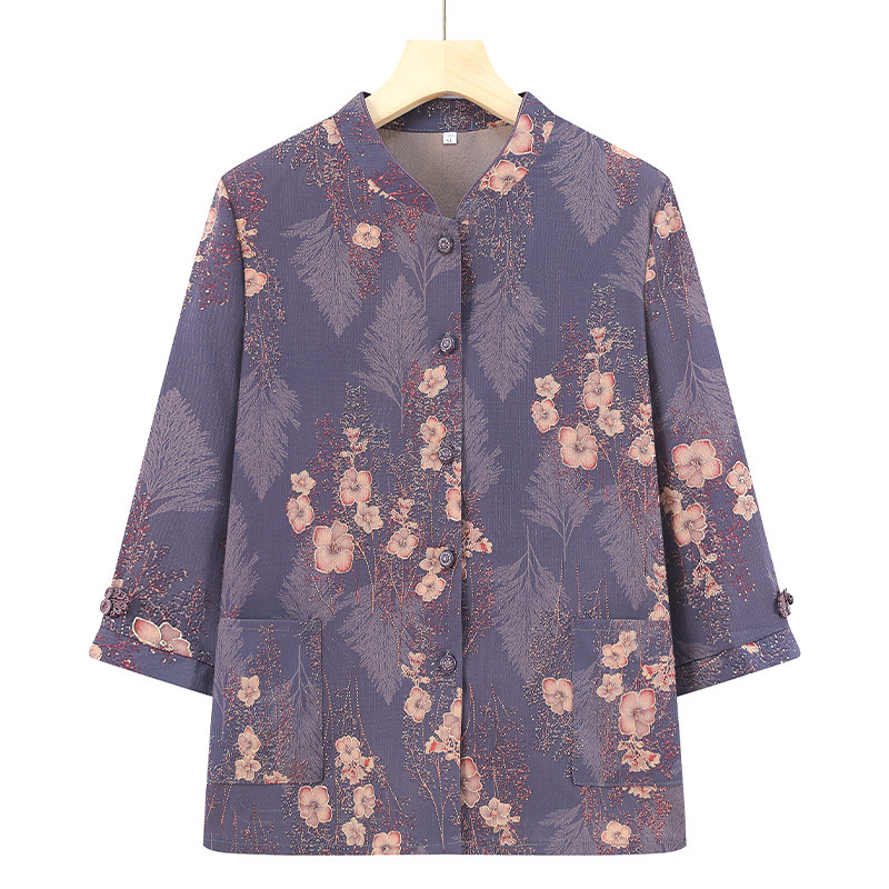 Időseknek szánt háromnegyed ujjú ing készlet, álló gallérral, kínai stílus, irodalmi retro anyagkeverék (PVC ≤30%, más anyag 50–70%)