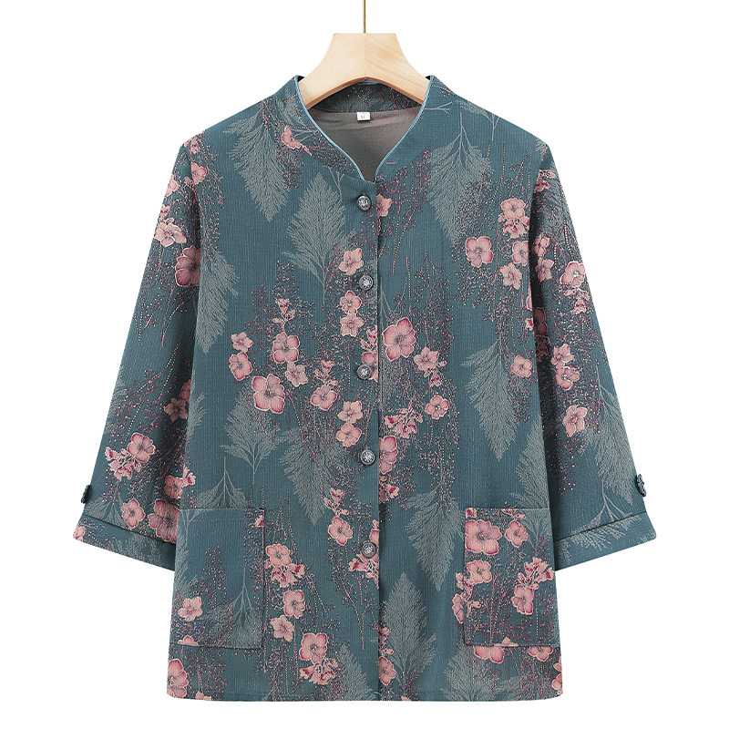 Időseknek szánt háromnegyed ujjú ing készlet, álló gallérral, kínai stílus, irodalmi retro anyagkeverék (PVC ≤30%, más anyag 50–70%)