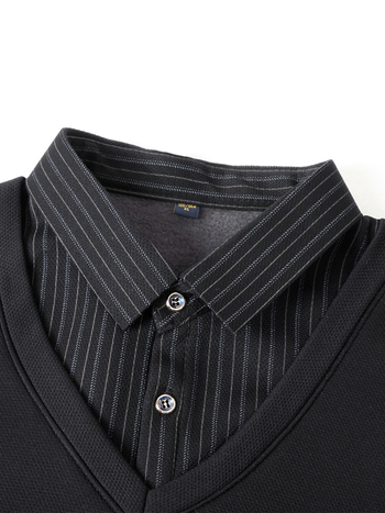 Vyrų vidinis topas su fliso pamušalu, ilgos rankovės, apykaklė tipo lapelis/polo, dryžuotas raštas, 100% poliesteris