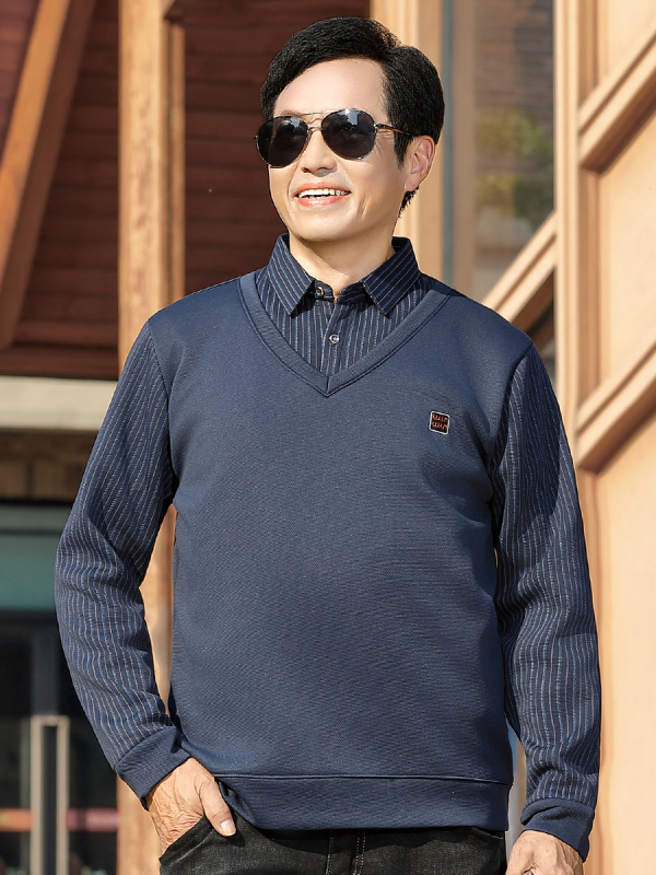 Vyrų vidinis topas su fliso pamušalu, ilgos rankovės, apykaklė tipo lapelis/polo, dryžuotas raštas, 100% poliesteris