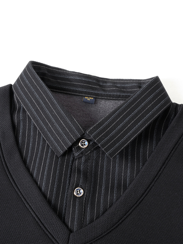 Vyrų vidinis topas su fliso pamušalu, ilgos rankovės, apykaklė tipo lapelis/polo, dryžuotas raštas, 100% poliesteris