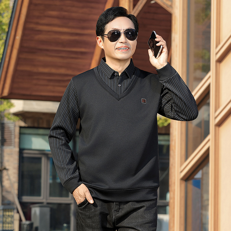 Vyrų vidinis topas su fliso pamušalu, ilgos rankovės, apykaklė tipo lapelis/polo, dryžuotas raštas, 100% poliesteris